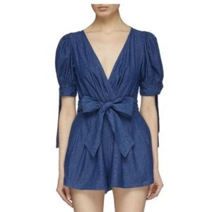 C/Meo Collective Kind To You Cross Back Puff Sleeve Chambray Romper | Medium